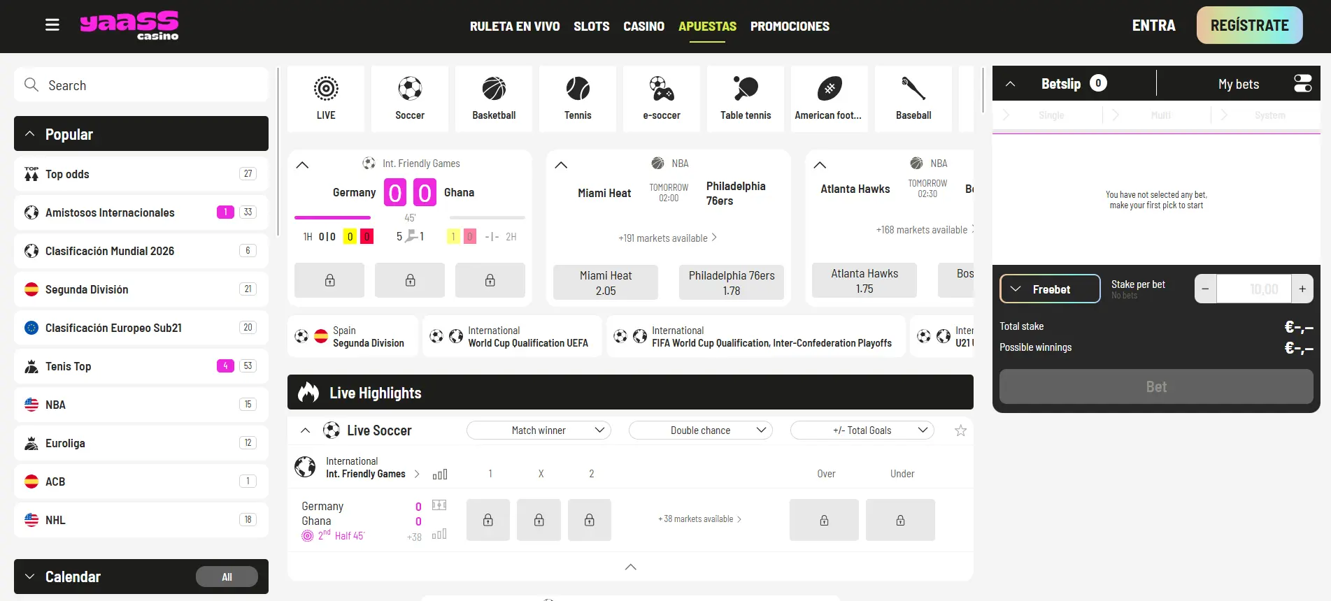 Yaass apuestas online casino – sección deportiva